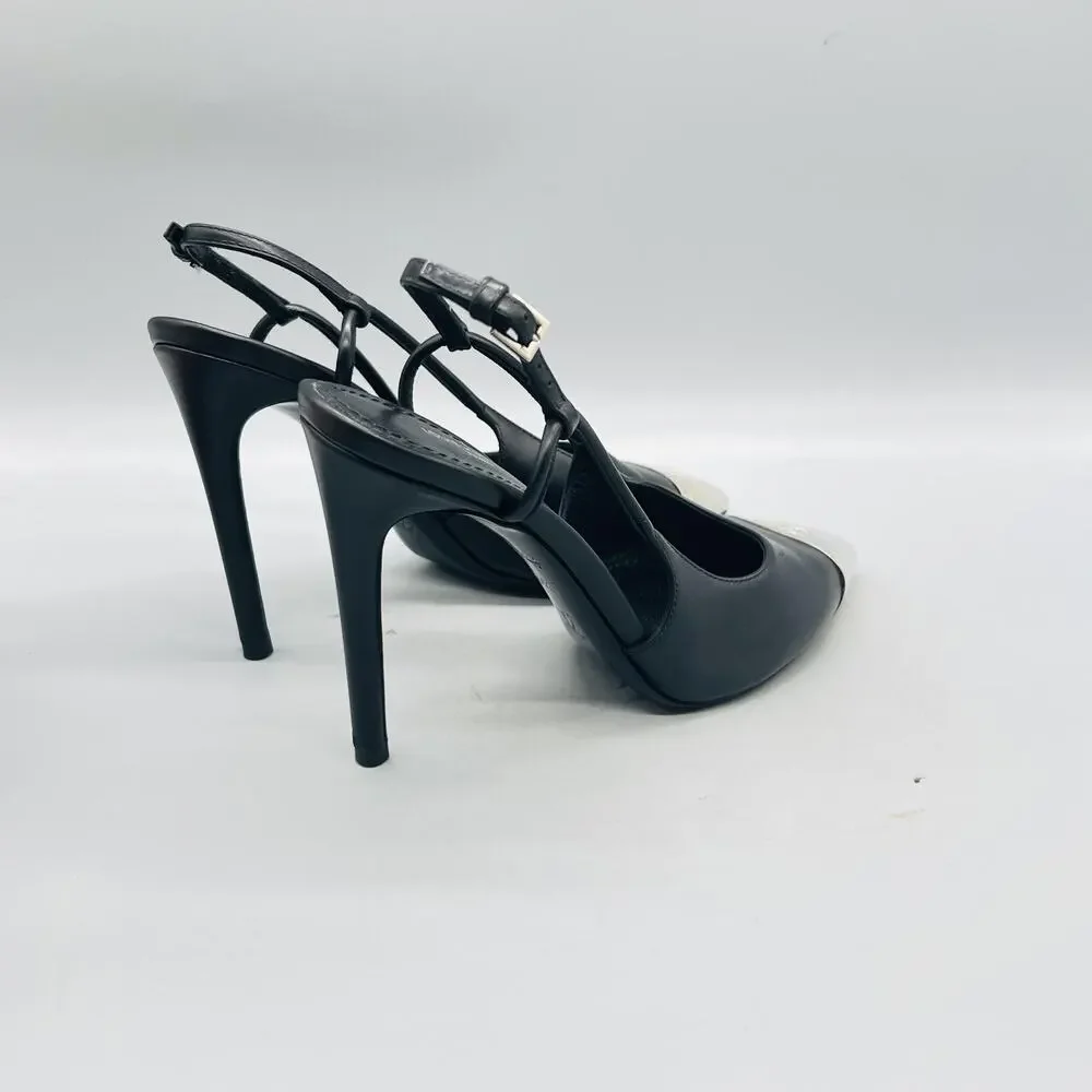 Louis Vuitton Shoes Womens 6.5 Black Leather Cap Toe Slingback Stiletto Heels - Picture 7 of 12